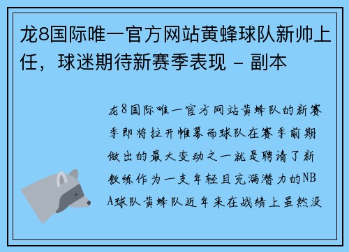 龙8国际唯一官方网站黄蜂球队新帅上任，球迷期待新赛季表现 - 副本