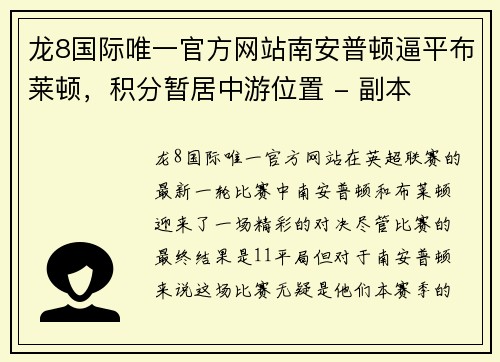 龙8国际唯一官方网站南安普顿逼平布莱顿，积分暂居中游位置 - 副本