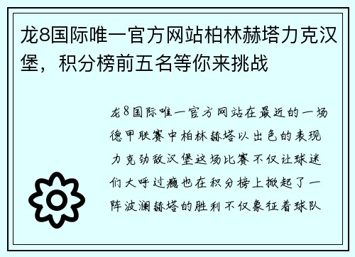 龙8国际唯一官方网站柏林赫塔力克汉堡，积分榜前五名等你来挑战